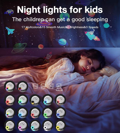 Child sleeping with night light on, surrounded by space-themed decorations.