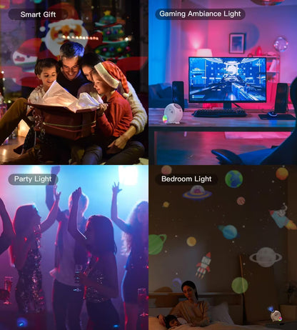 Four different scenes showing the effect of smart lighting on various activities and environments.