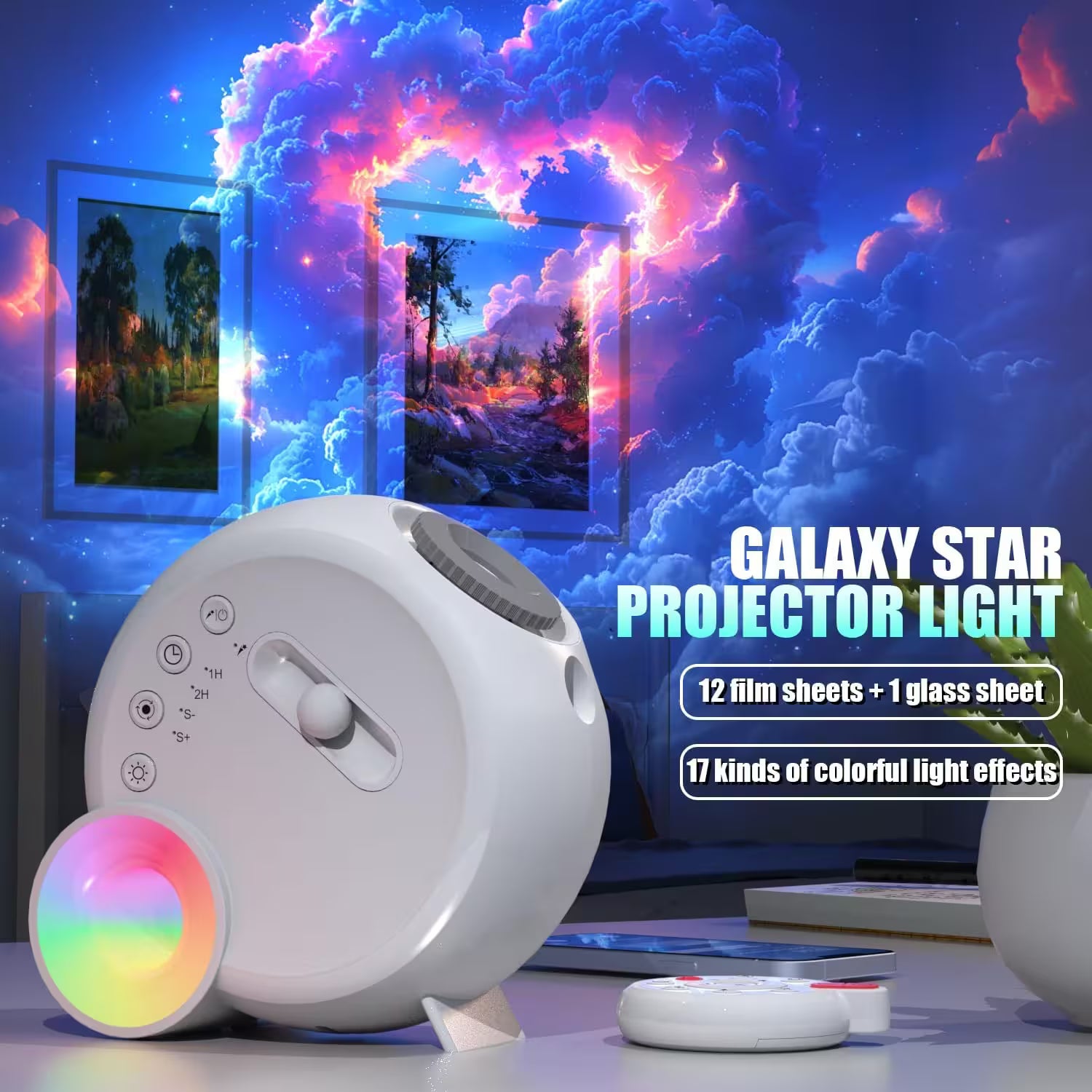 Galaxy star projector light with colorful cloud and landscape projections on a screen.