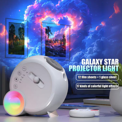 Galaxy star projector light with colorful cloud and landscape projections on a screen.
