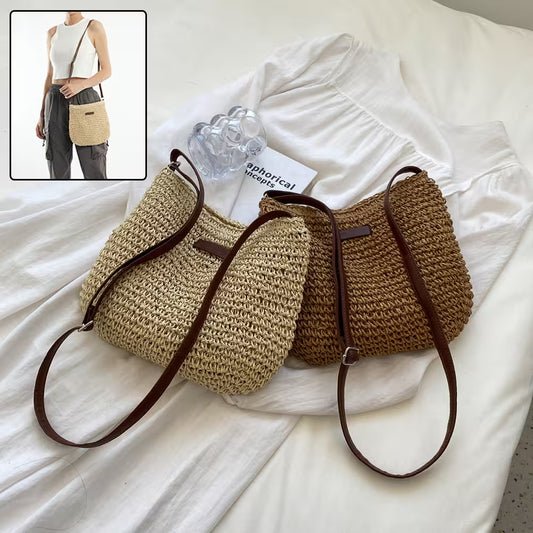 Two woven handbags with brown straps on a white surface, with a person wearing one of the bags in an inset.
