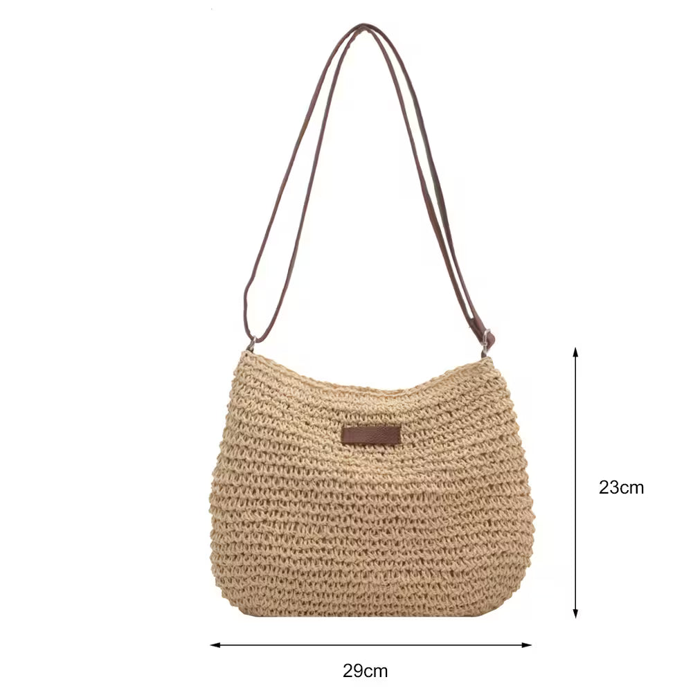 Beige woven handbag with brown strap and label, shown with dimensions on a white background.