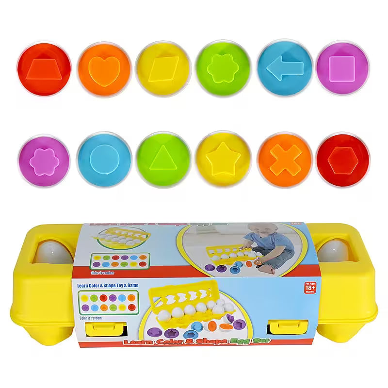 Colorful shape sorting toy set with packaging on a white background