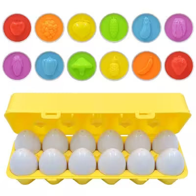Colorful shape sorting toys with a yellow egg carton and white eggs.