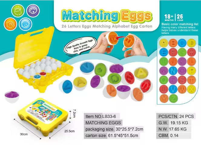 Matching Eggs educational toy packaging with colorful eggs and a yellow carrying case.