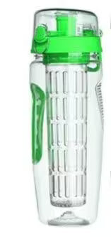 Clear water bottle with green lid and accents on a white background