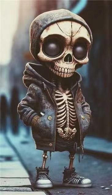 Skeleton character wearing a jacket with a blurred background