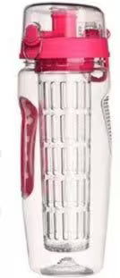 Clear water bottle with pink lid and handle on a white background