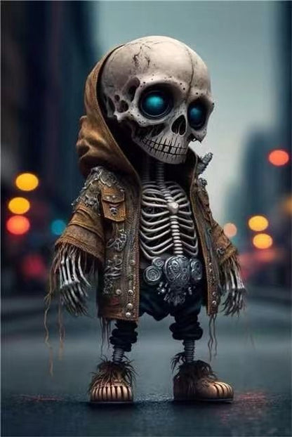 Skeleton character in a jacket with a blurred cityscape background