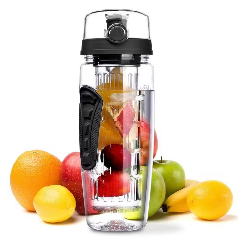 Clear infuser water bottle with fruits around on a white background