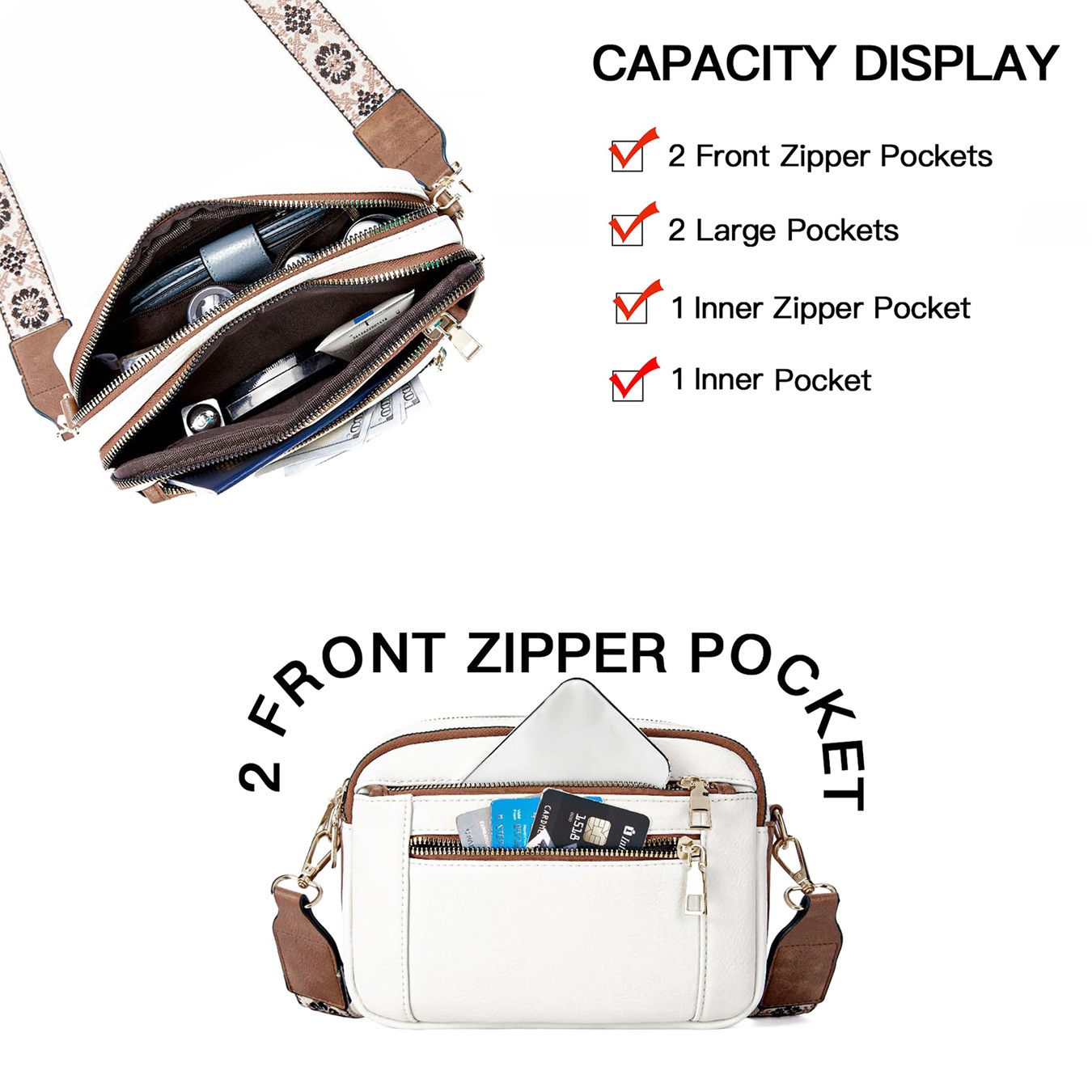 Handbag with multiple pockets and capacity features displayed on a white background
