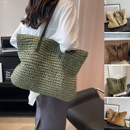 Woman holding a green woven handbag with additional images of the bag displayed.