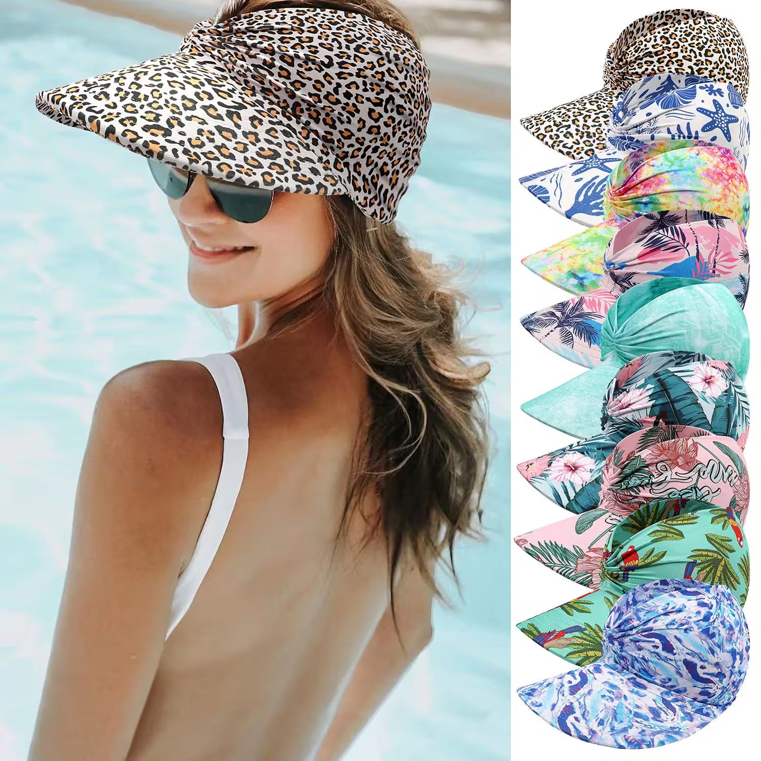 Woman wearing a leopard print visor with a pool in the background, surrounded by various colorful visors.