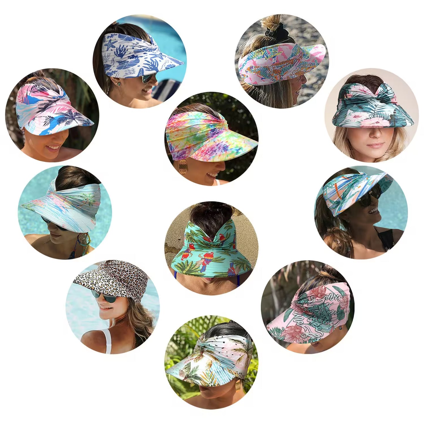 Collage of women wearing colorful visors and headbands in various patterns.