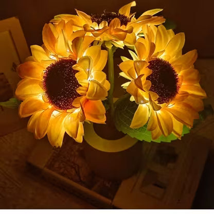 Decorative sunflower lights on a wooden surface