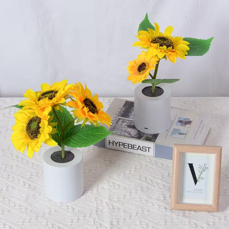 Two small sunflower arrangements in white pots on a textured surface with a magazine and photo frame in the background.