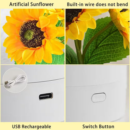 Collage of a USB rechargeable artificial sunflower with text highlighting features like 'built-in wire does not bend' and 'switch button'.