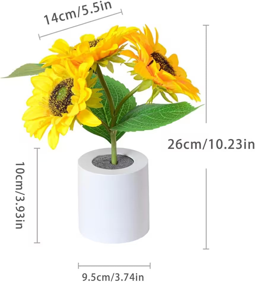 Artificial sunflower arrangement in a white pot with dimensions displayed.