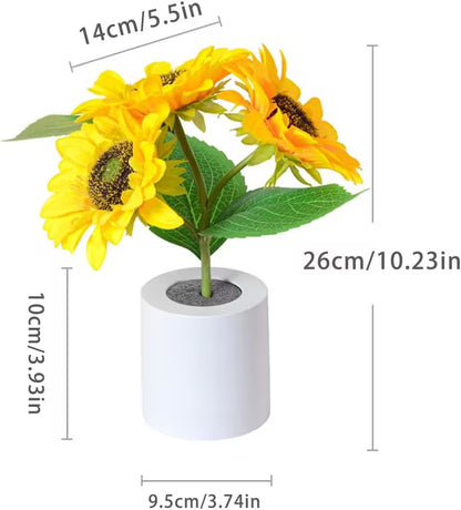Artificial sunflower arrangement in a white pot with dimensions displayed.