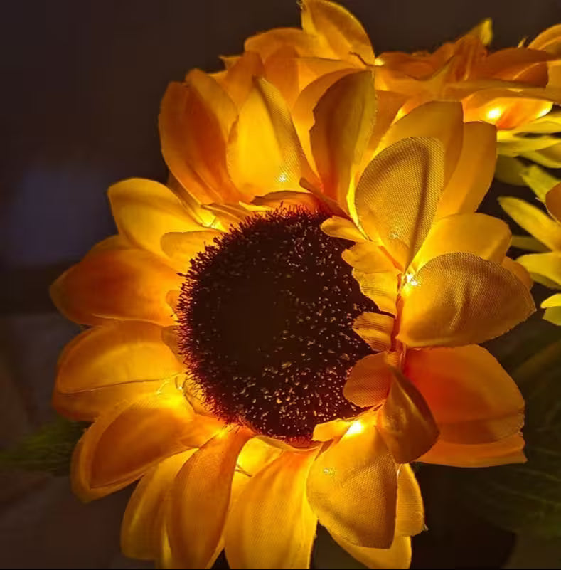 Bouquet of sunflowers with glowing lights on a dark background