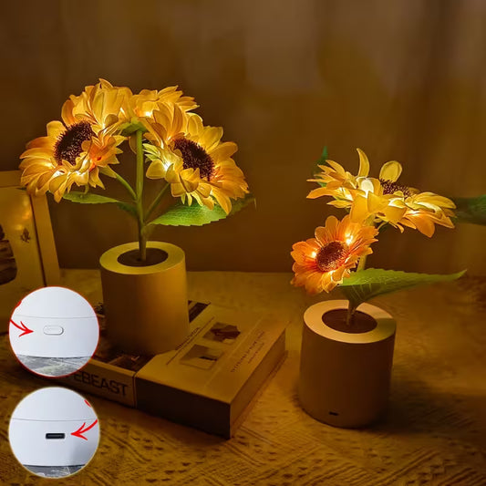 Two sunflower-shaped lights on a surface with a blurred background