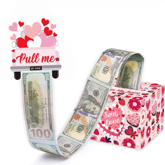Valentine-themed candy bar with dollar bills and decorative packaging on a white background