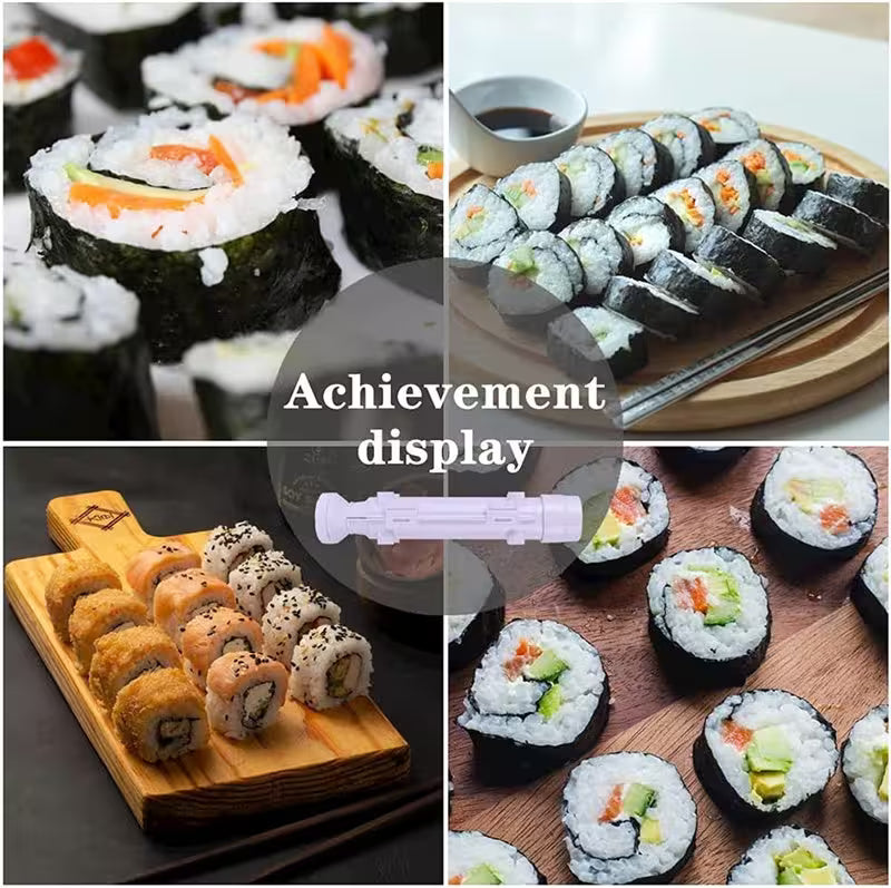 Collage of various sushi rolls on different plates with a small toy gun labeled 'Achievement display'.