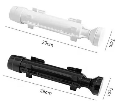 Two cylindrical objects, one white and one black, with measurements indicated on a white background.