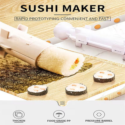 Sushi maker on a wooden surface with sushi rolls and ingredients, highlighting features like 'thicken', 'food grade PP', and 'pressure barrel'.