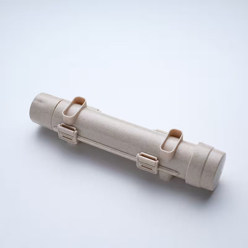 Beige cylindrical product with straps on a light gray background