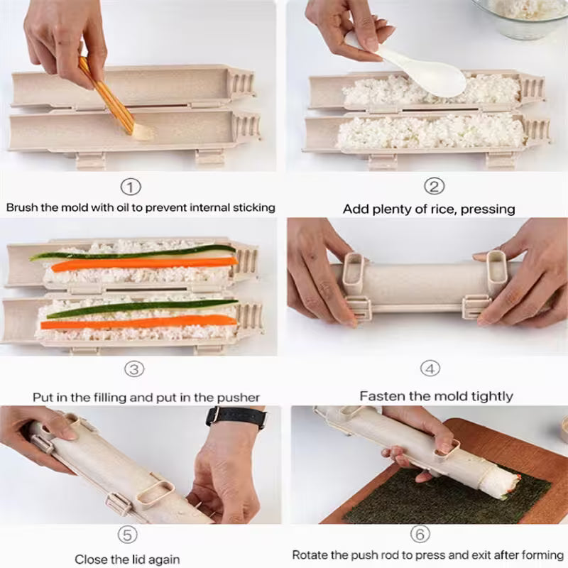 Step-by-step guide on making sushi using a mold.