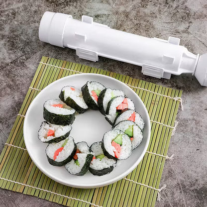 Sushi rolls on a plate with a white cylindrical object on a textured surface