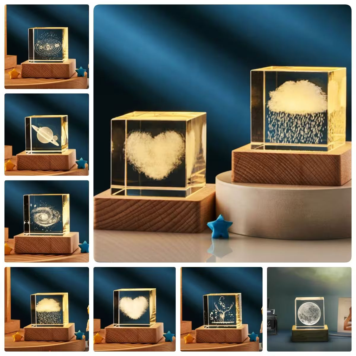 Collection of decorative glass blocks with various engraved designs on a wooden base.