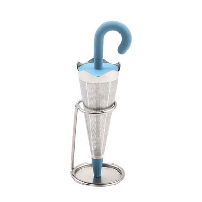 Tea infuser shaped like an umbrella with a blue handle on a white background
