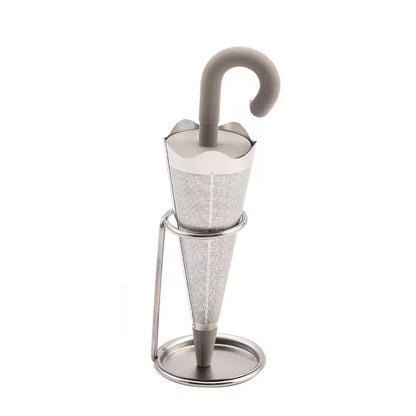 Metallic umbrella stand with a gray umbrella on a white background