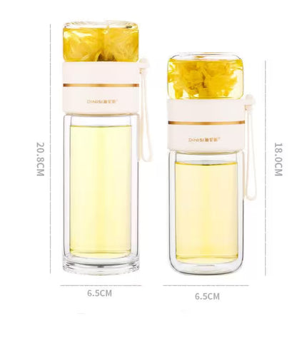 Two glass bottles with lemon slices inside, showing dimensions on a white background.