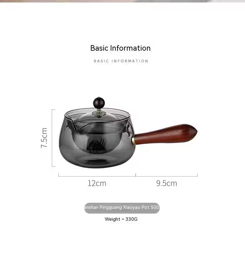 Tea pot with dimensions and weight information on a white background