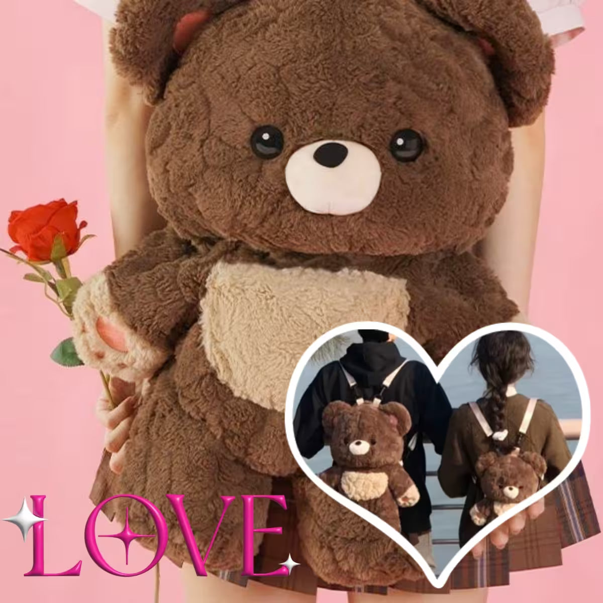 Brown teddy bear held by a person with a heart inset showing the bear in different settings, on a pink background with 'LOVE' text.