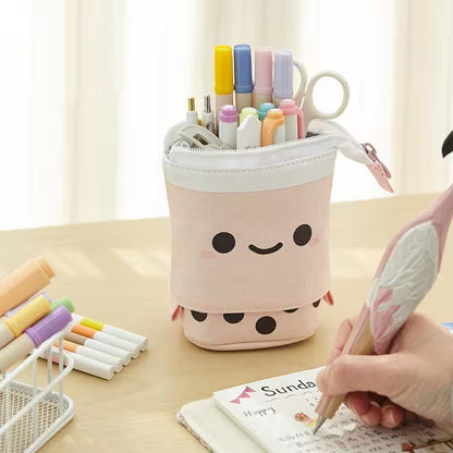Telescopic Pencil Bag With Cute Smiley Face | Pop-Up Canvas Pencil Case | 5 Colors | School, Desk & Stationery Organizer for Students