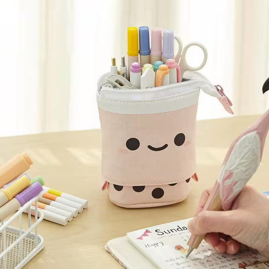 Telescopic Pencil Bag With Cute Smiley Face | Pop-Up Canvas Pencil Case | 5 Colors | School, Desk & Stationery Organizer for Students