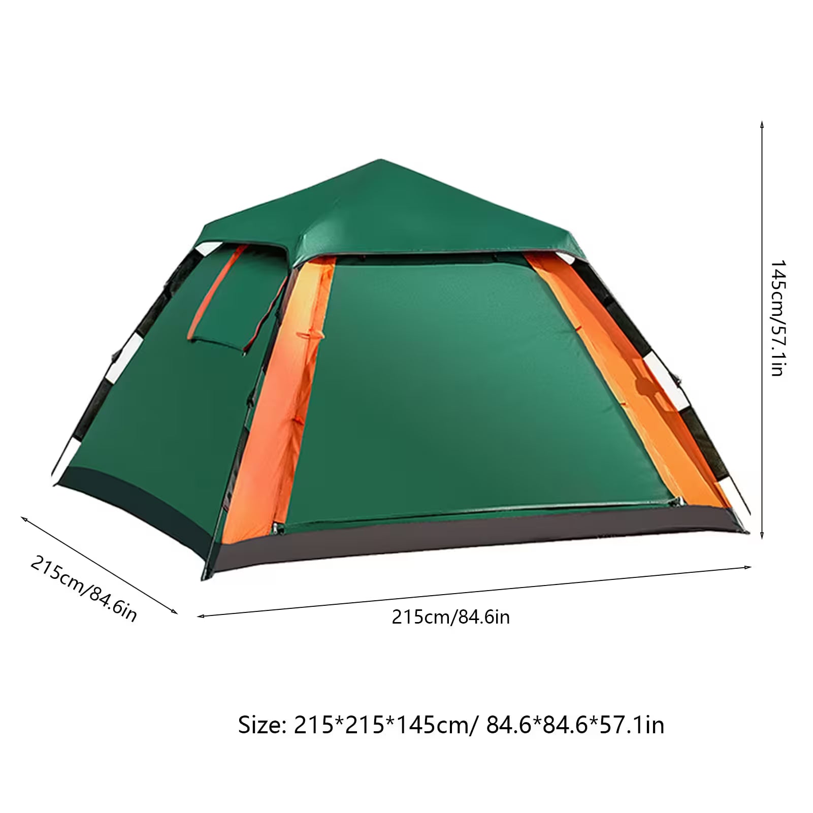 Green and orange tent with dimensions on a white background