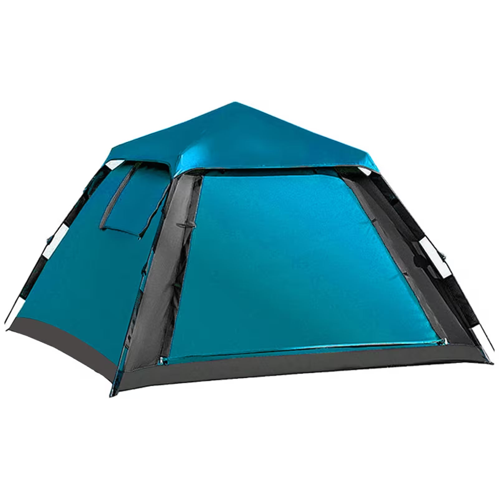 Blue camping tent with black trim on a white background
