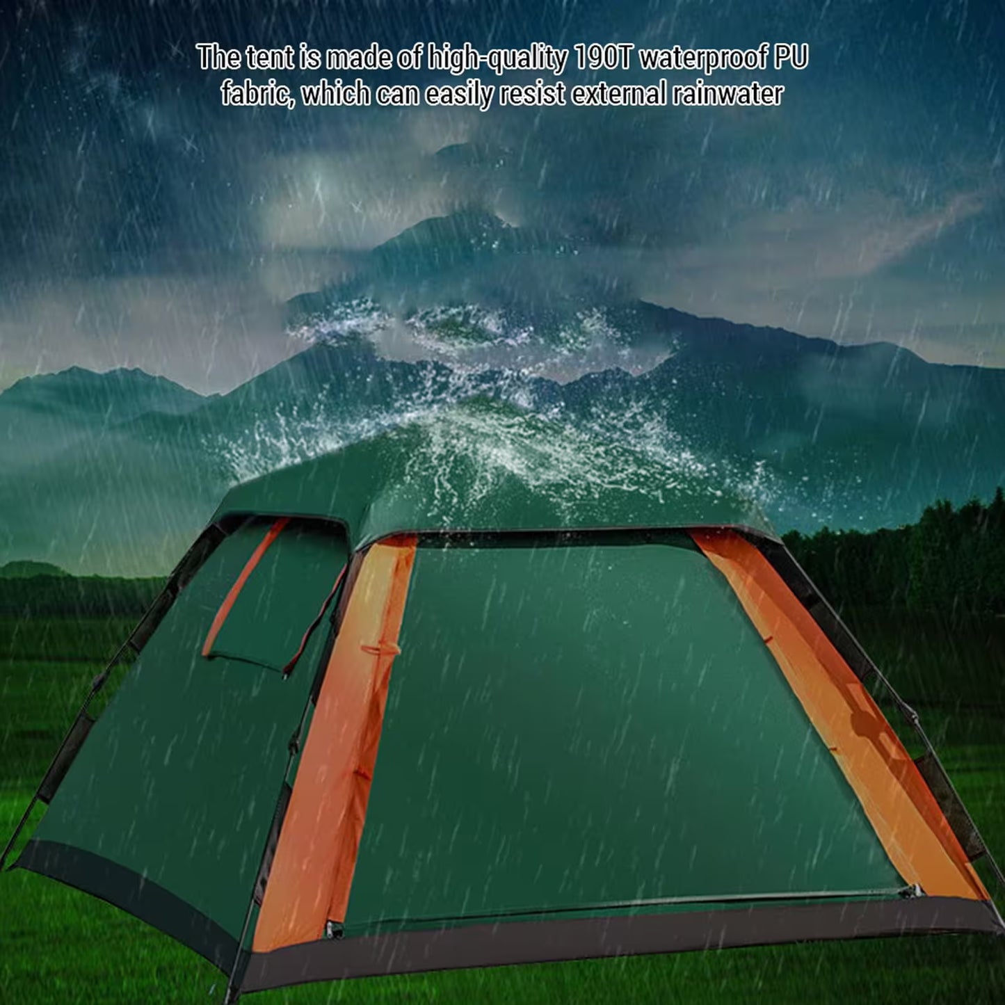 Tent with mountain and rain backdrop, emphasizing waterproof feature.