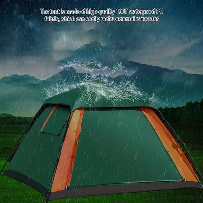 Tent with mountain and rain backdrop, emphasizing waterproof feature.