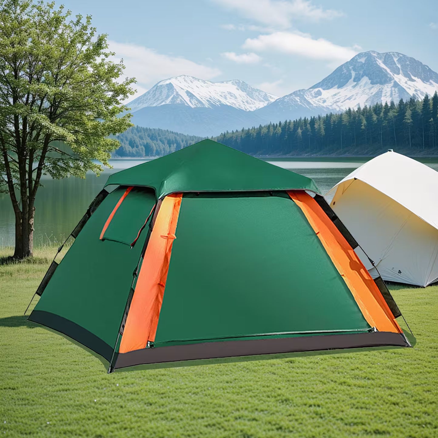 Green and orange tent with a scenic background of mountains and lake.