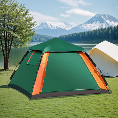 Green and orange tent with a scenic background of mountains and lake.