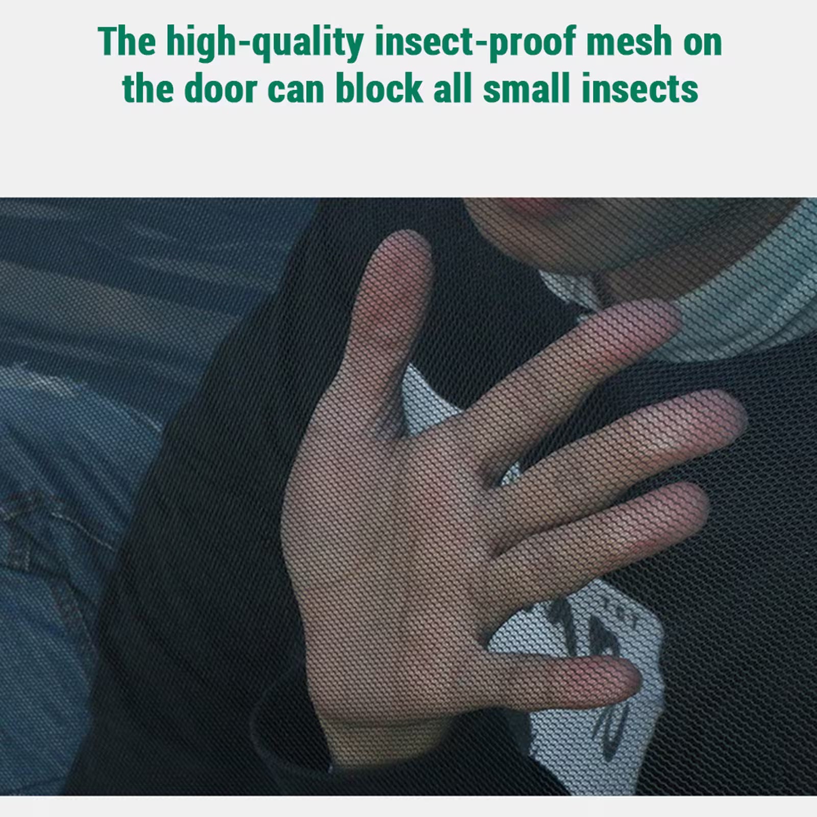 Hand held over a door with insect-proof mesh, text indicating its effectiveness.