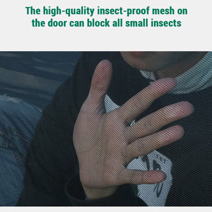 Hand held over a door with insect-proof mesh, text indicating its effectiveness.