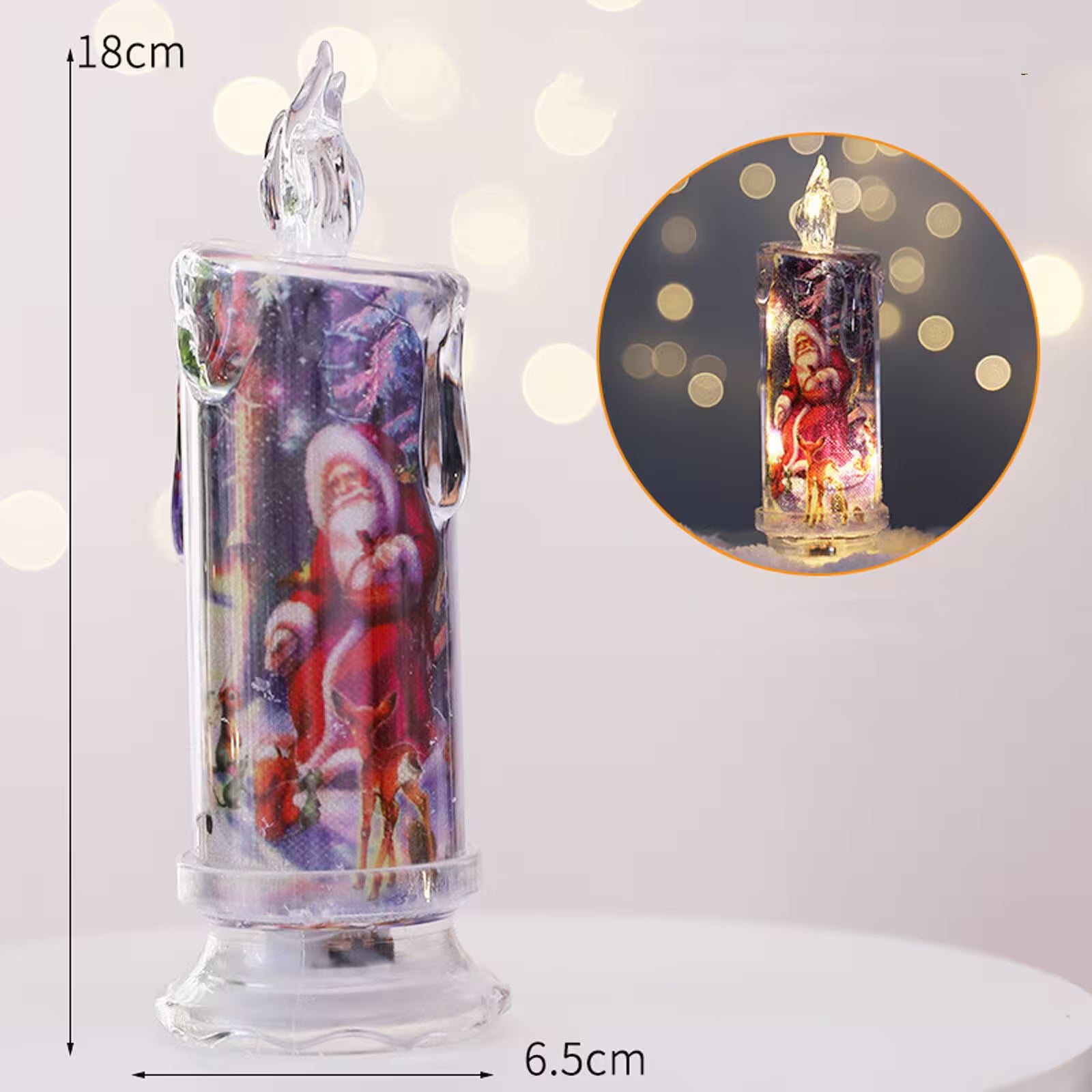 Decorative candle-shaped product with Santa Claus design, showing dimensions and a close-up inset.
