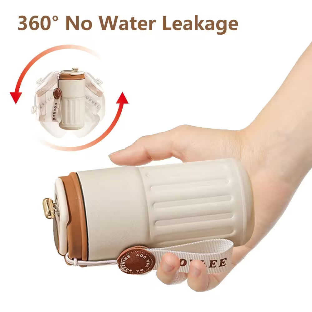 Beige water bottle with brown accents held by a hand, featuring '360° No Water Leakage' text and illustration.